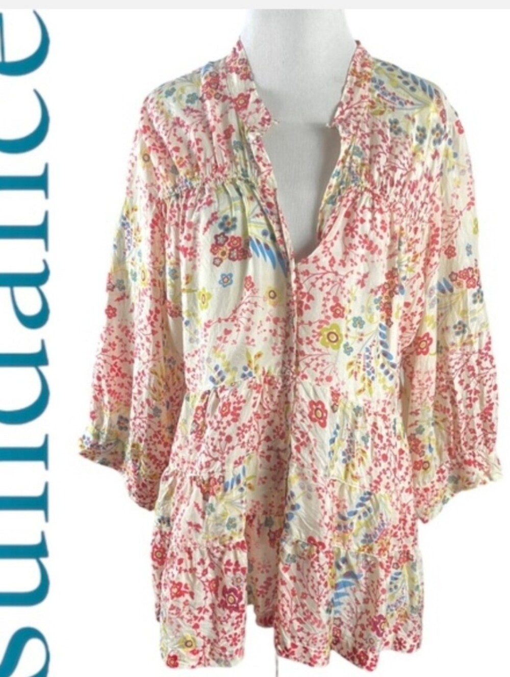 Sundance Woman Floral Peasant Blouse - Cream Multi